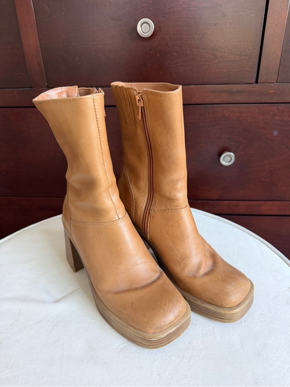 Steve Madden Cognac Platform Block Heel Ankle Boots